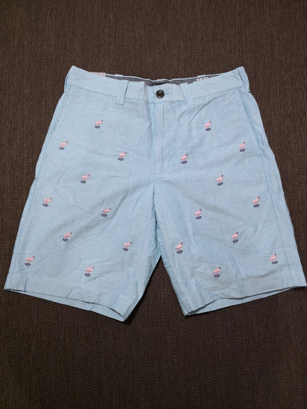 J. Crew Light Blue Men’s Flamingo Embroidered Flat Front Shorts